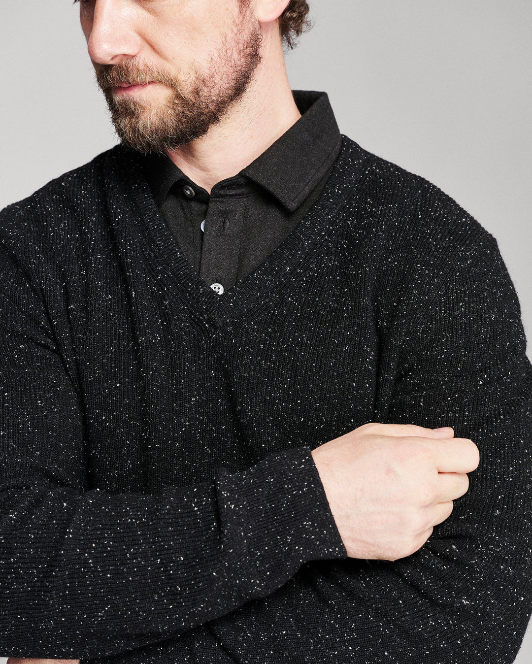 Herringbone LS Polo - Heathered Black
