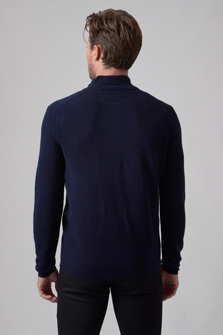 Merino Waffle Zip Mock - Navy