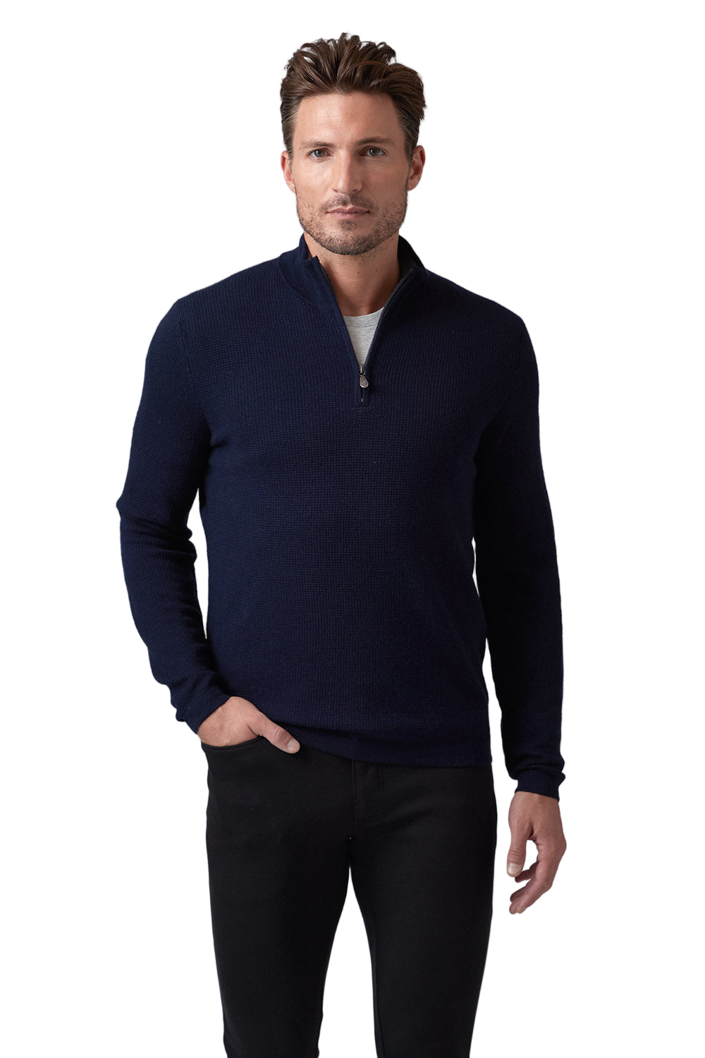 Merino Waffle Zip Mock - Navy – Rothmans New York