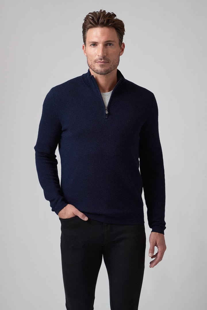Merino Waffle Zip Mock - Navy