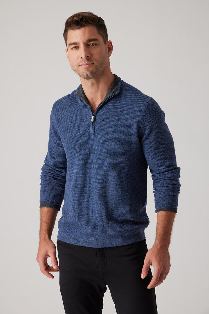 Merino Waffle Zip Mock - Indigo