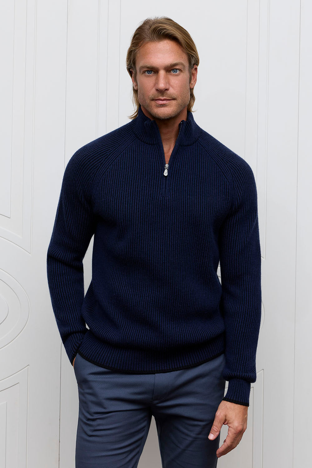 English Rib Zip Mock Sweater - Navy
