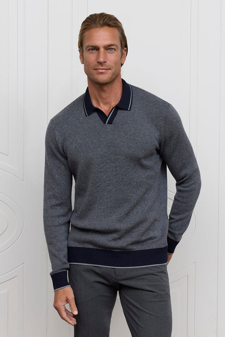 Ls Pique Johnny Collar Polo Sweater - Navy