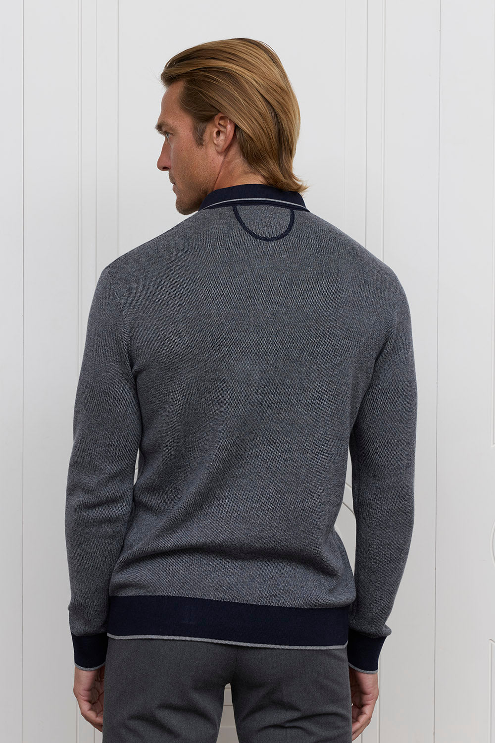 Ls Pique Johnny Collar Polo Sweater - Navy