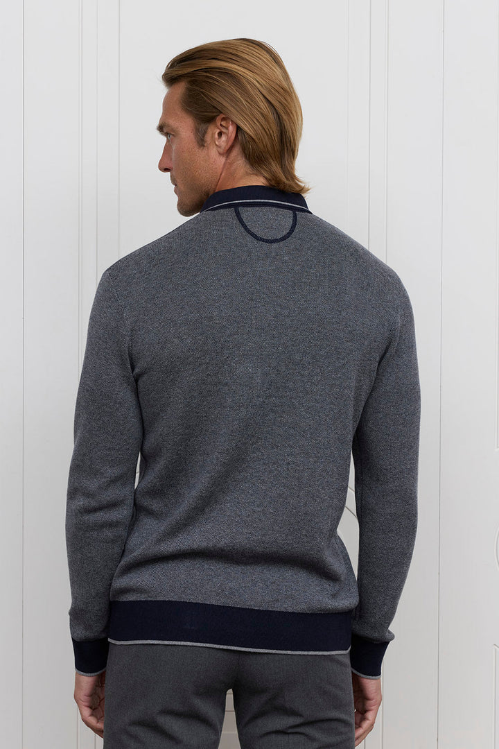 Ls Pique Johnny Collar Polo Sweater - Navy