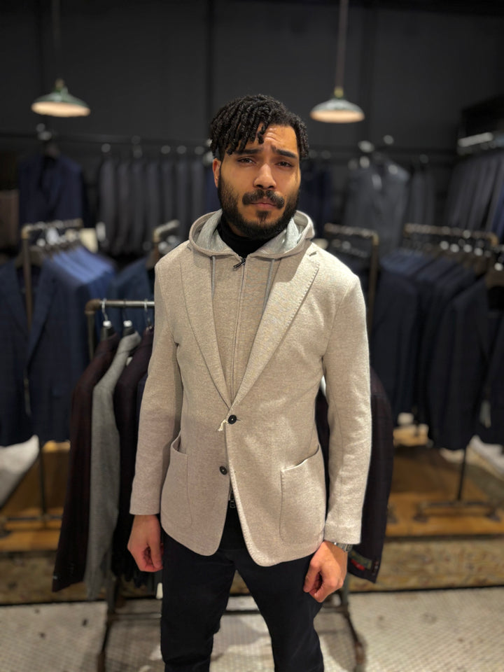 Bibbed Hooded Sportcoat - Beige Melange