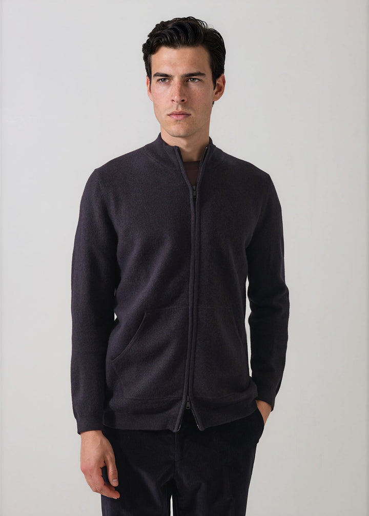 Boiled Wool Zip Cardigan - Blackcurrant