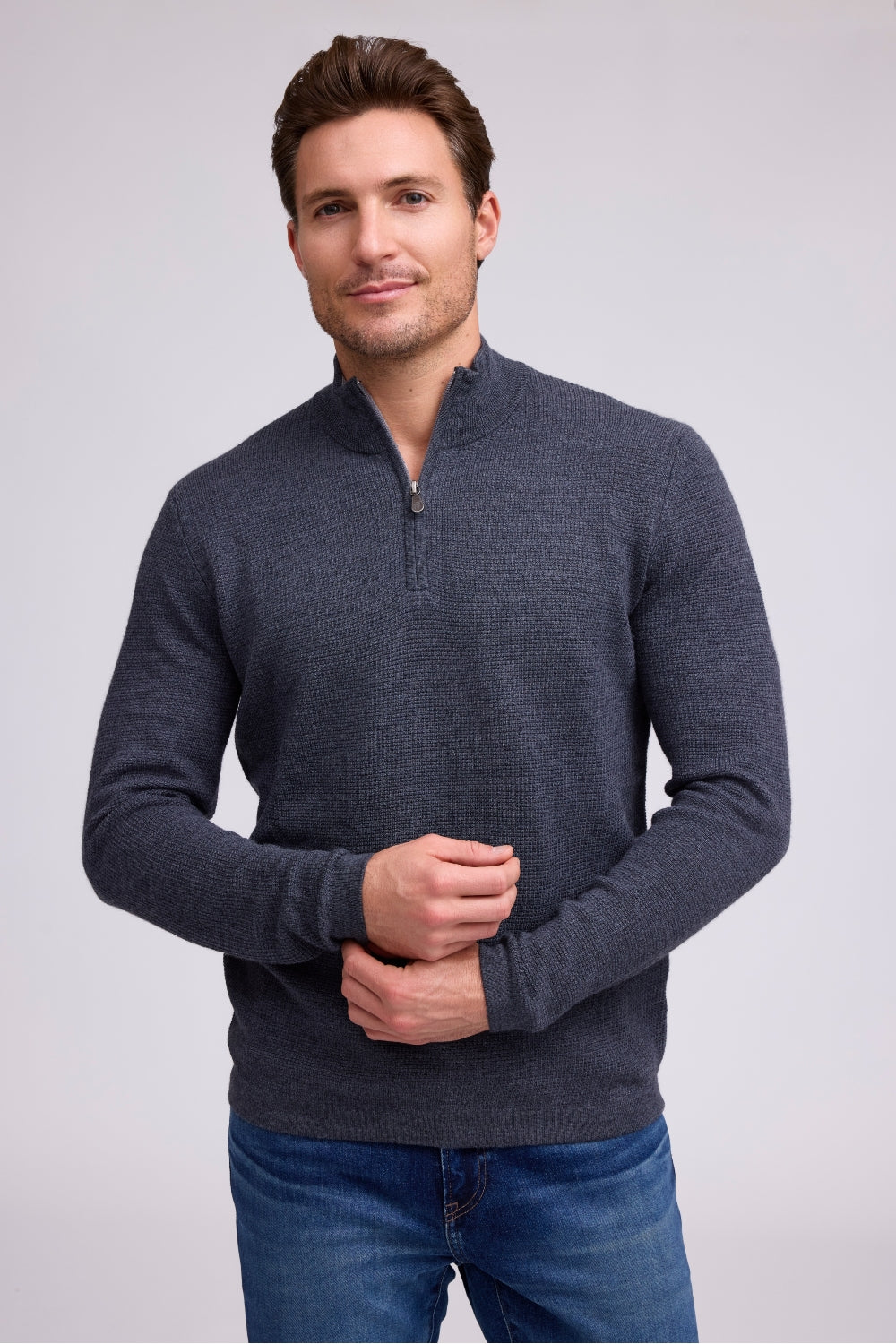 Merino Waffle Zip Mock Sweater-Charcoal