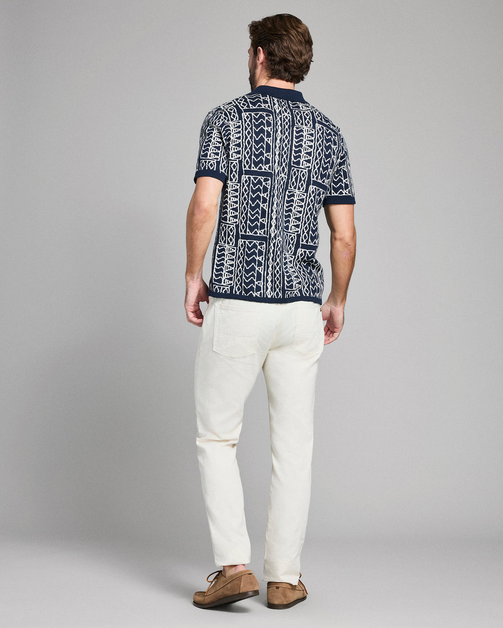 Geo Stitch Sweater Polo - Carbon Blue/White