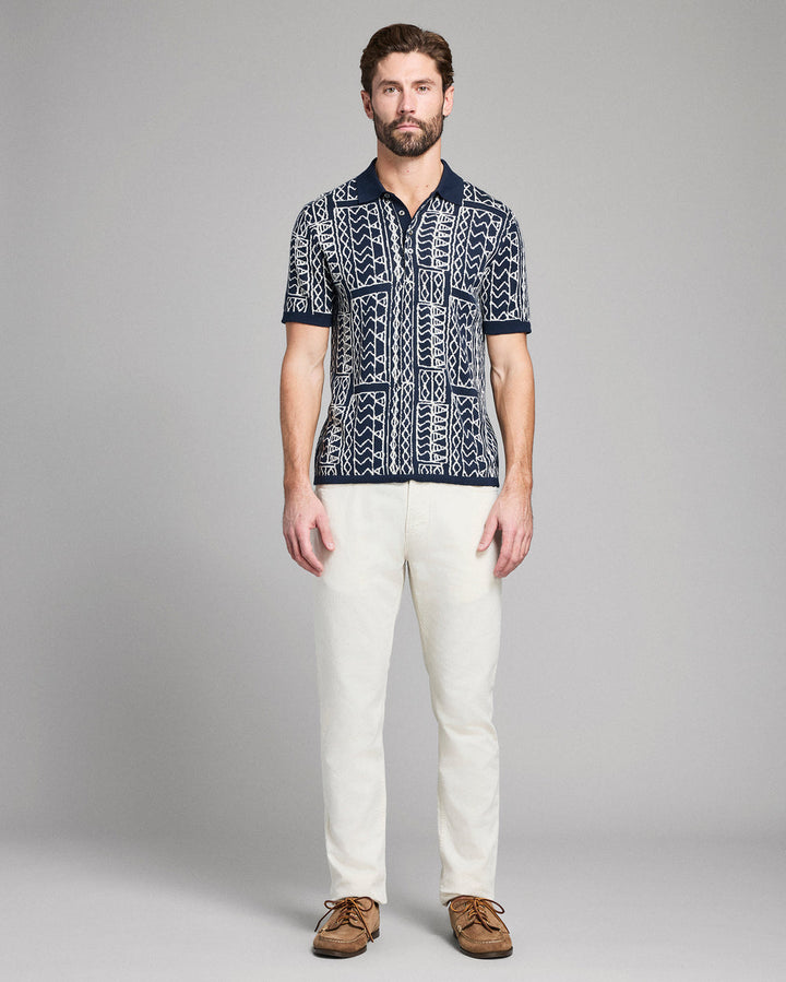 Geo Stitch Sweater Polo - Carbon Blue/White