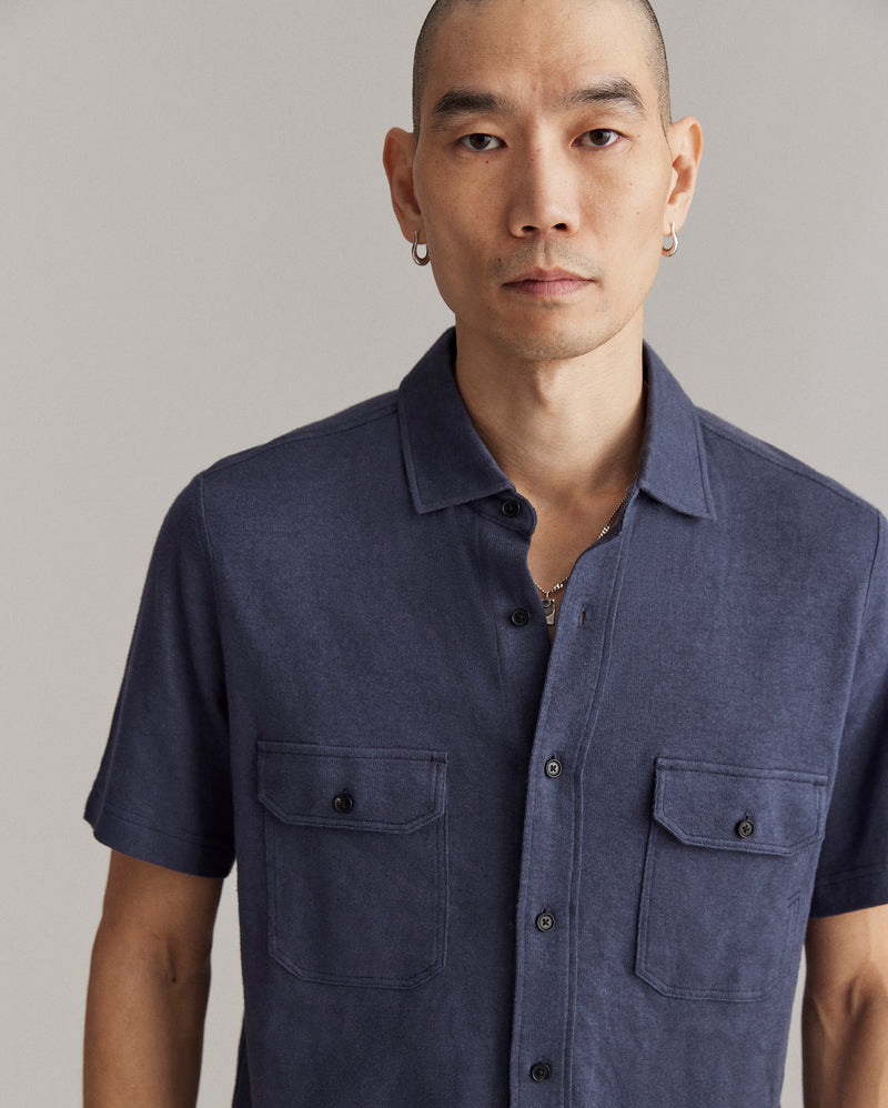 Billy Reid Hemp Cotton Knit SS Shirt - Navy