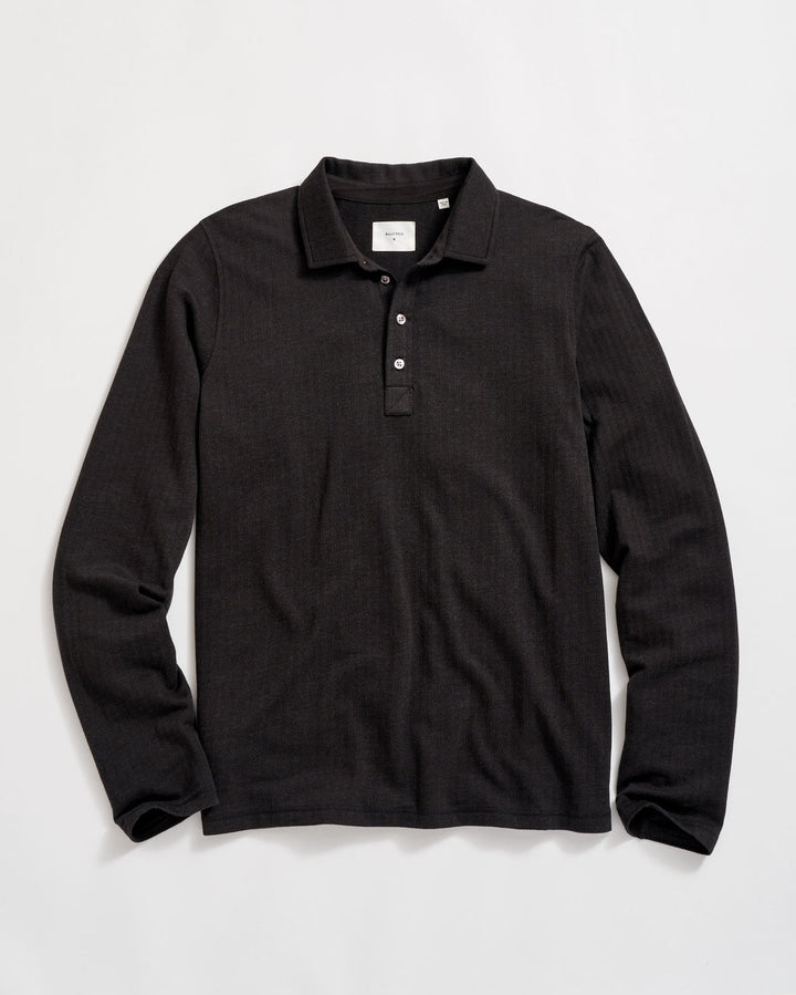 Herringbone LS Polo - Heathered Black