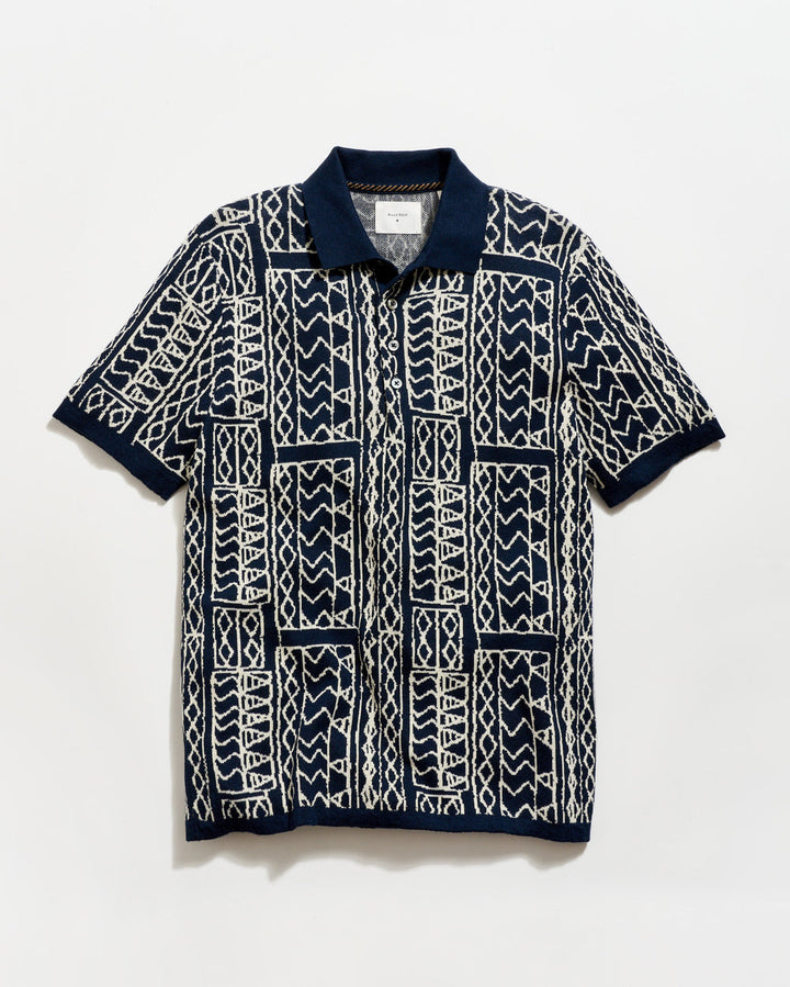 Geo Stitch Sweater Polo - Carbon Blue/White